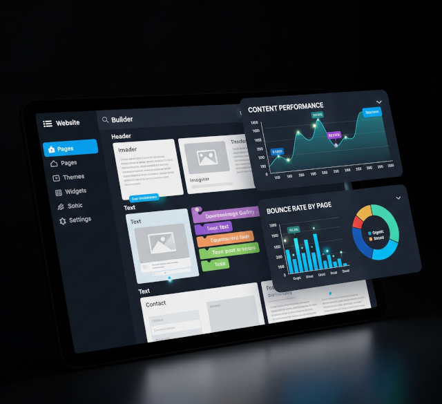 A glowing tablet screen displaying a website builder interface and content performance graphs